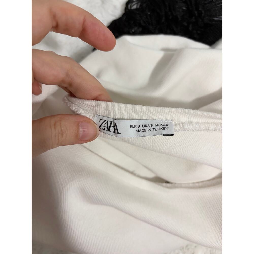 Zara White Black Fringe Knit Short Sleeve Boxy Boho Minimalist Top S - Picture 4 of 6